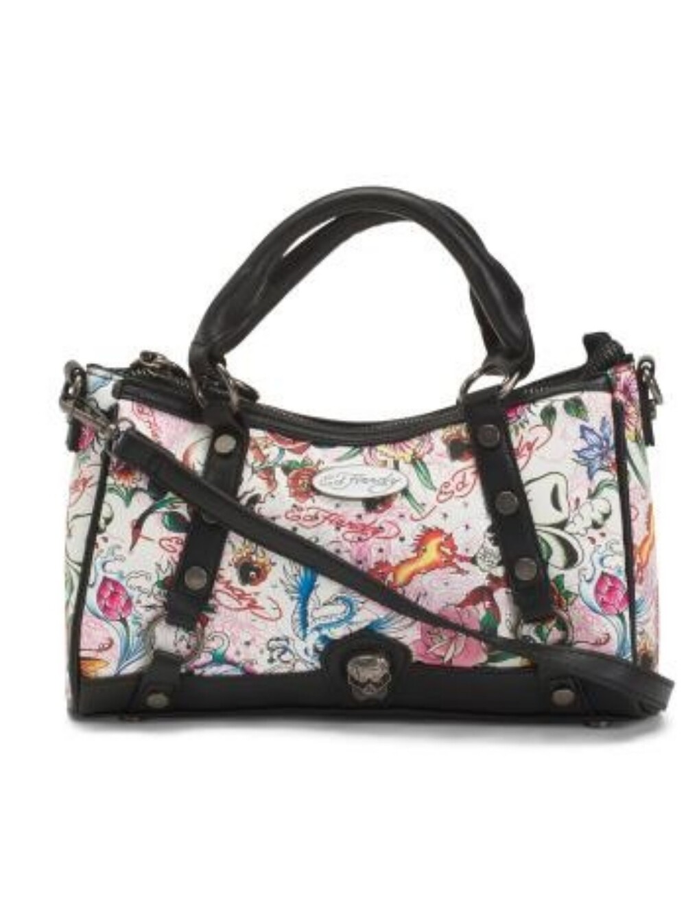 Ed Hardy White Floral Print Satchel with Black Trim